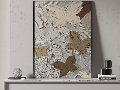 Abstract Painting With Golden Butterfly Motifs And Textured Surface On Neutral Wall 3d model