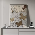 Abstract Painting With Golden Butterfly Motifs And Textured Surface On Neutral Wall