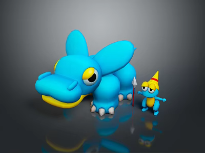 Game Movie Characters Featuring Blue Crocodile And Small Blue Character With Yellow Hat Red Spear 3d model