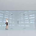 Modern Glass Door Entrance With Two Business People And Interior Plants