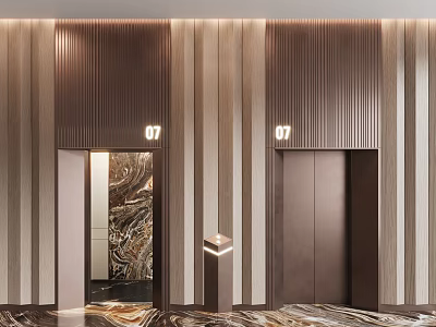 Modern Office Corridor with Elevators Wooden Striped Walls Marble Flooring and Lighting 3d model