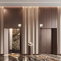 Modern Office Corridor with Elevators Wooden Striped Walls Marble Flooring and Lighting