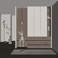 Modern Entrance Hallway Design With White Rabbit Decoration Wooden Bench Lighting Strips And Storage Cabinets