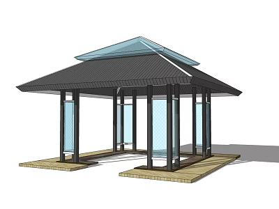 Modern Pavilion With Black Roof Glass Columns And Wooden Base Structure 3d model