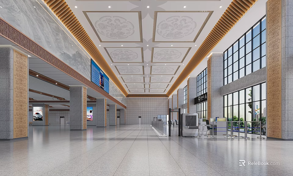 Spacious Modern Station Hall With High Decorative Ceiling Large Windows Marble Floor And Security Gates 3d model 