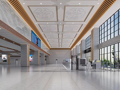 Spacious Modern Station Hall With High Decorative Ceiling Large Windows Marble Floor And Security Gates 3d model