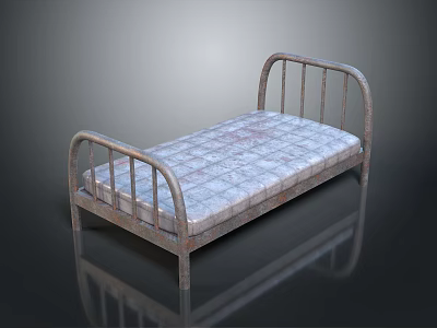 Vintage Metal Single Bed With Curved Rails And Plaid Mattress On Dark Background 3d model