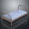 Vintage Metal Single Bed With Curved Rails And Plaid Mattress On Dark Background