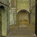 Abandoned Stone Chamber Featuring Green Mossy Walls Archways Ladder And Stone Coffin