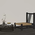 Leisure Chair With Black Frame Woven Seat Round Table On Wooden Floor Bamboo Shadows
