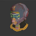 Futuristic Sci Fi Character Helmet With Mechanical Side Gears Orange Yellow Accents And Metallic Texture