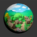 Cartoon Scene With Thatched Cottages Dirt Path Green Mountains Blue Sky White Clouds Yellow Tree And Flowers