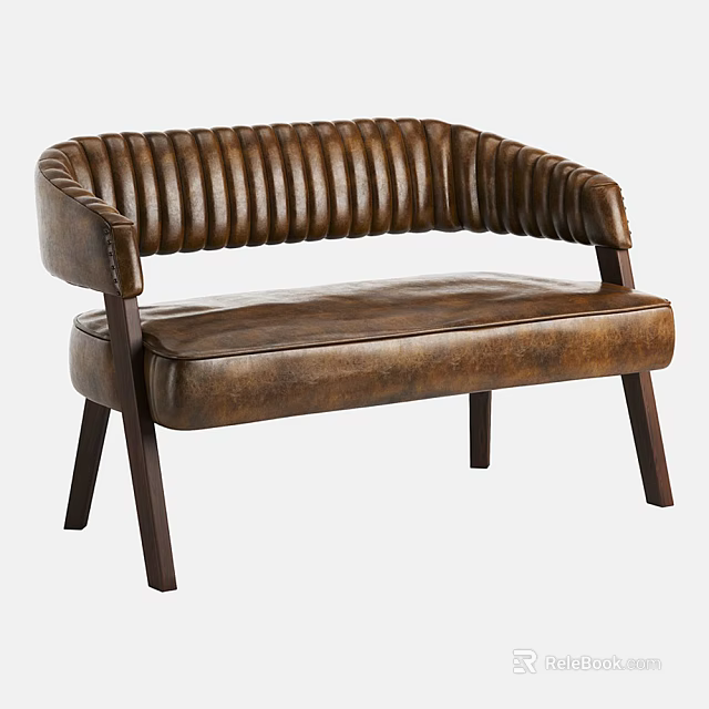 Vintage Brown Leather Sofa With Curved Armrests Striped Details And Wooden Legs 3d model 