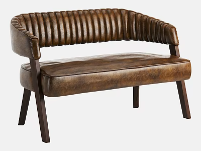 Vintage Brown Leather Sofa With Curved Armrests Striped Details And Wooden Legs 3d model
