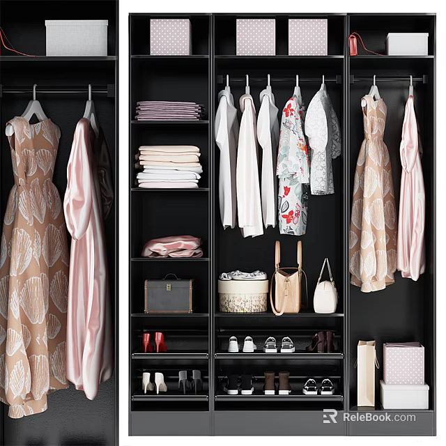 Organized Black Wardrobe Storage With Dresses Shirts Shoes Bags And Accessories 3d model 
