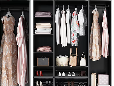 Organized Black Wardrobe Storage With Dresses Shirts Shoes Bags And Accessories 3d model