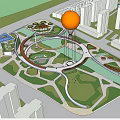 Park Landscape With Orange Hot Air Balloon Modern Buildings Curved Paths And Green Lawns
