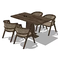 Natural Wooden Dining Table Set With Four Rattan Chairs And Rectangular Top 3d model