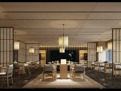 Modern Japanese Restaurant Interior With Shoji Screens Pendant Lights And Wooden Dining Tables Chairs 3d model