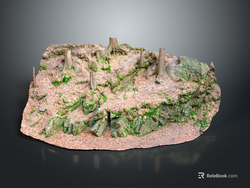 Miniature Natural Landscape With Irregular Terrain Dirt Green Moss Wooden Stumps And Undulating Surface 3d model 