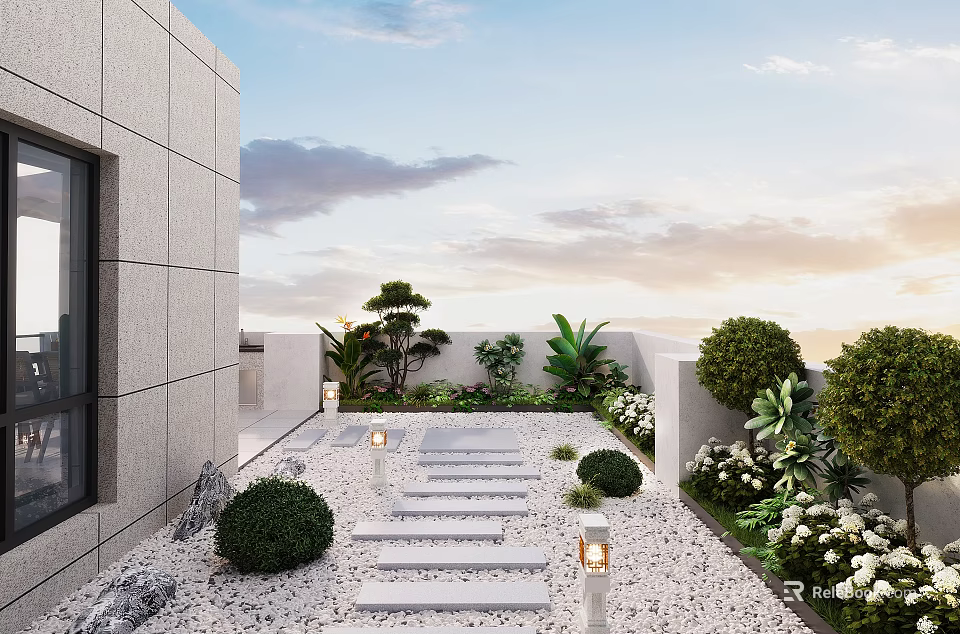 Roof Garden Landscape With Stone Path Gravel Trimmed Shrubs Plants White Flowers And Stone Lanterns 3d model 