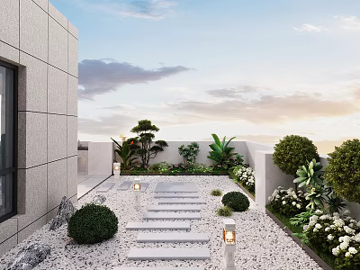 Roof Garden Landscape With Stone Path Gravel Trimmed Shrubs Plants White Flowers And Stone Lanterns 3d model