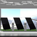 Modern Display Shelves Showcasing Solar Panels with Digital Screens in Exhibition Setting