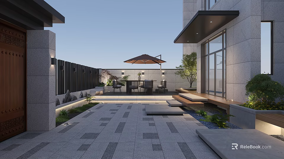 Modern Garden With Outdoor Dining Set Umbrella Stone Paving Lighting And Green Plants 3d model 