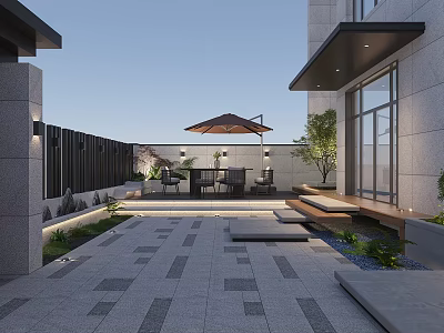 Modern Garden With Outdoor Dining Set Umbrella Stone Paving Lighting And Green Plants 3d model