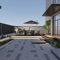 Modern Garden With Outdoor Dining Set Umbrella Stone Paving Lighting And Green Plants
