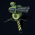 Green Mechanical Weapon with Multiple Barrels Yellow Black Warning Stripes and Support Base 3d model