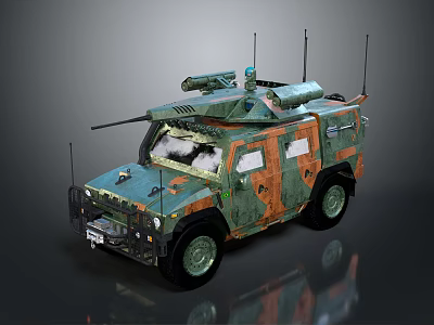 Camouflage Painted Military Vehicle with Roof Mounted Weapon Antennas Off Road Tires and Reinforced Windows 3d model