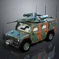 Camouflage Painted Military Vehicle with Roof Mounted Weapon Antennas Off Road Tires and Reinforced Windows