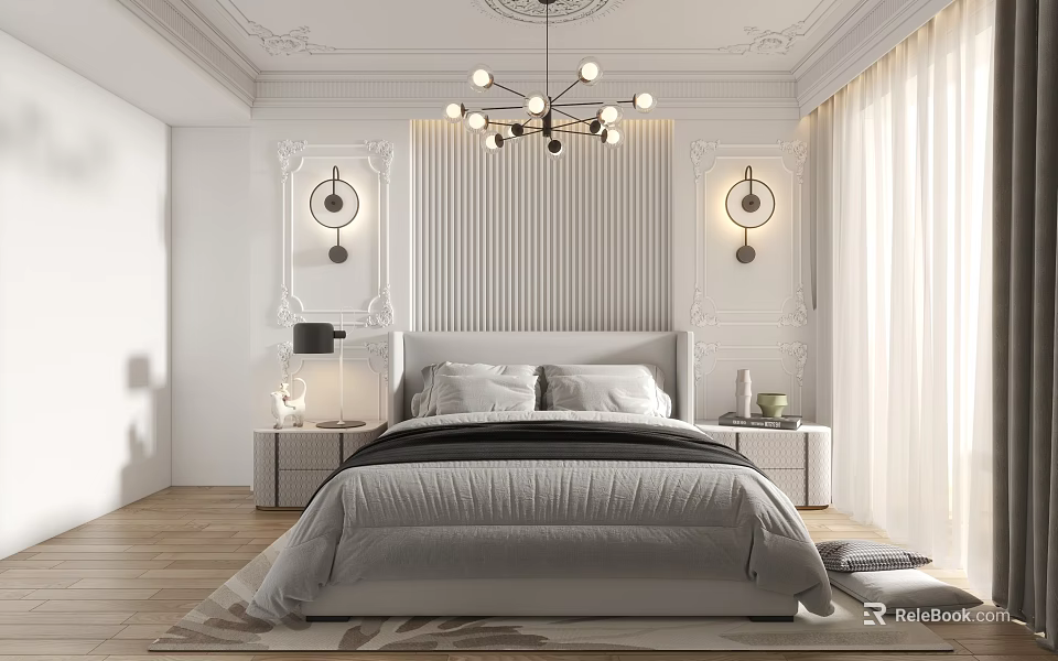 Elegant Modern Bedroom Interior With White Decorative Moldings Chandelier Vertical Paneling And Wall Sconces 3d model 