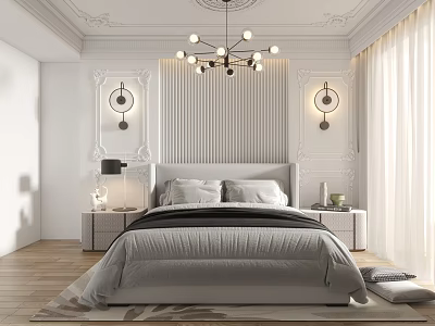 Elegant Modern Bedroom Interior With White Decorative Moldings Chandelier Vertical Paneling And Wall Sconces 3d model