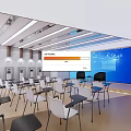 Modern Conference Room With Ceiling Lights Large Blue Screen Tables And White Chairs