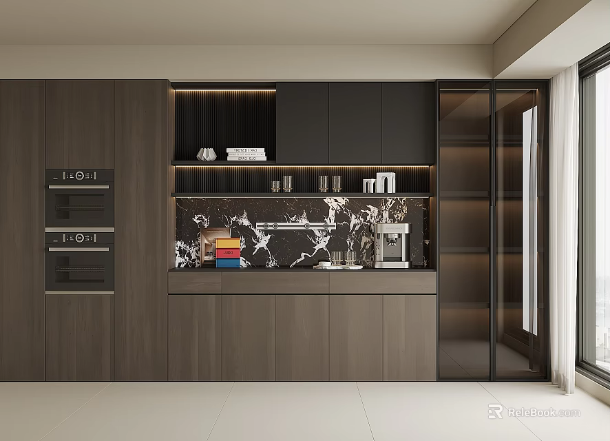 Modern Wooden Sideboard With Marble Countertop Integrated Lighting And Storage Cabinets 3d model 