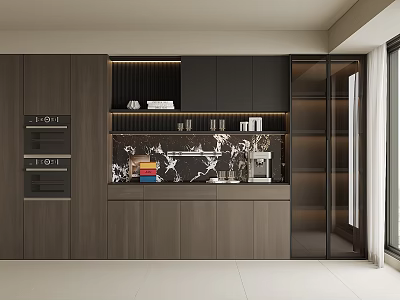 Modern Wooden Sideboard With Marble Countertop Integrated Lighting And Storage Cabinets 3d model