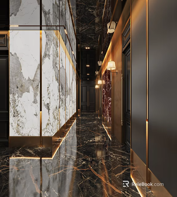 Modern Luxury KTV Corridor With Marble Walls Gold Accents And Ambient Lighting 3d model 