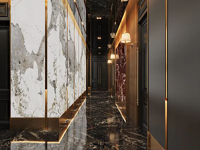 Modern Luxury KTV Corridor With Marble Walls Gold Accents And Ambient Lighting 3d model