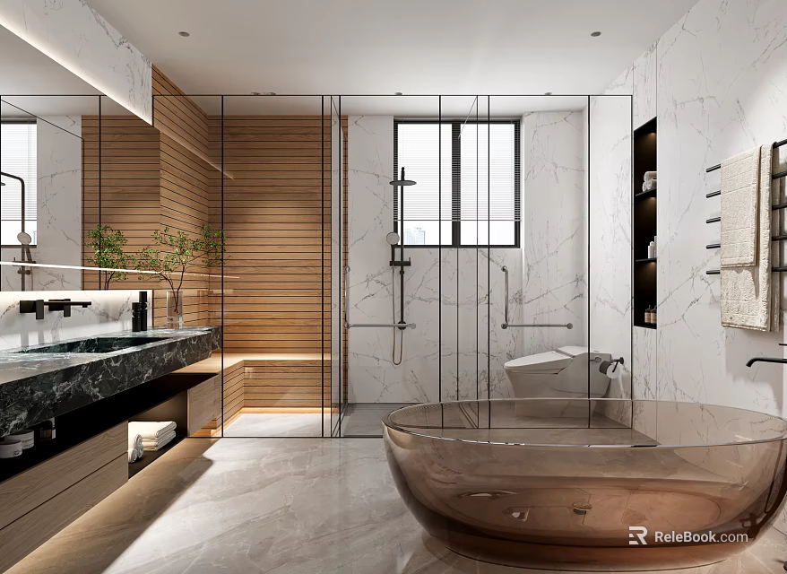 Modern Bathroom Interior With Marble Glass Tub And Wood Accents 3d model 