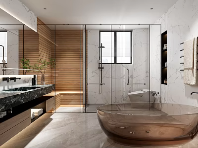 Modern Bathroom Interior With Marble Glass Tub And Wood Accents 3d model