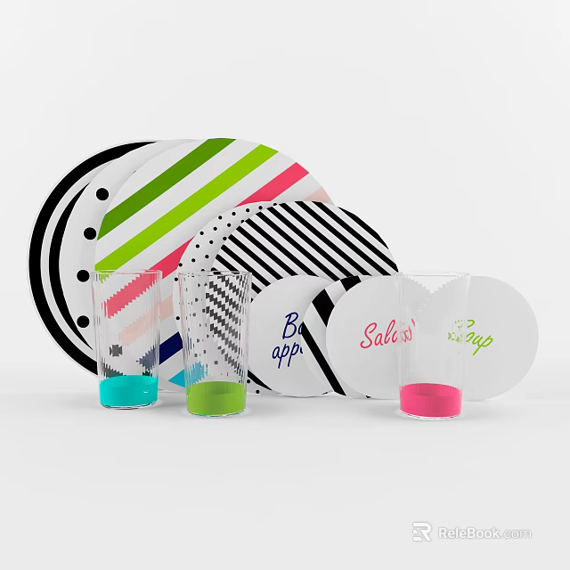 Modern Dinnerware Set Featuring Striped Polka Dot Plates And Colorful Base Glasses With Text 3d model 