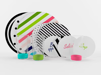 Modern Dinnerware Set Featuring Striped Polka Dot Plates And Colorful Base Glasses With Text 3d model