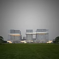 Modern Multi Storey Office Building With Glass Curtain Wall And Skybridge Lighting