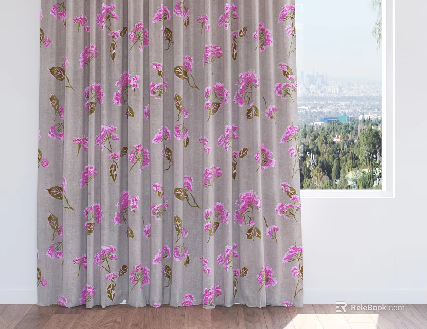 Gray Curtains With Pink Floral Patterns And Green Leaves By Window With City View 3d model 