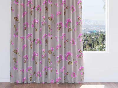 Gray Curtains With Pink Floral Patterns And Green Leaves By Window With City View 3d model