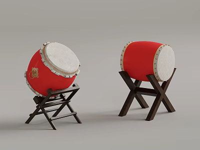 Traditional Red Musical Drums With White Drumheads Silver Decorations Golden Emblem And Black Wooden Stands 3d model
