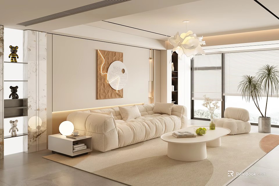 Modern Living Room Interior With Beige Sofa Round Coffee Table Chandelier And Decorative Painting 3d model 