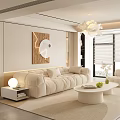Modern Living Room Interior With Beige Sofa Round Coffee Table Chandelier And Decorative Painting